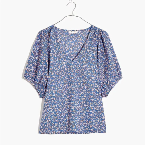 MADEWELL NWOT V-Neck Puff Sleeve Top in Summer Vines Hermitage Blue - Picture 4 of 10